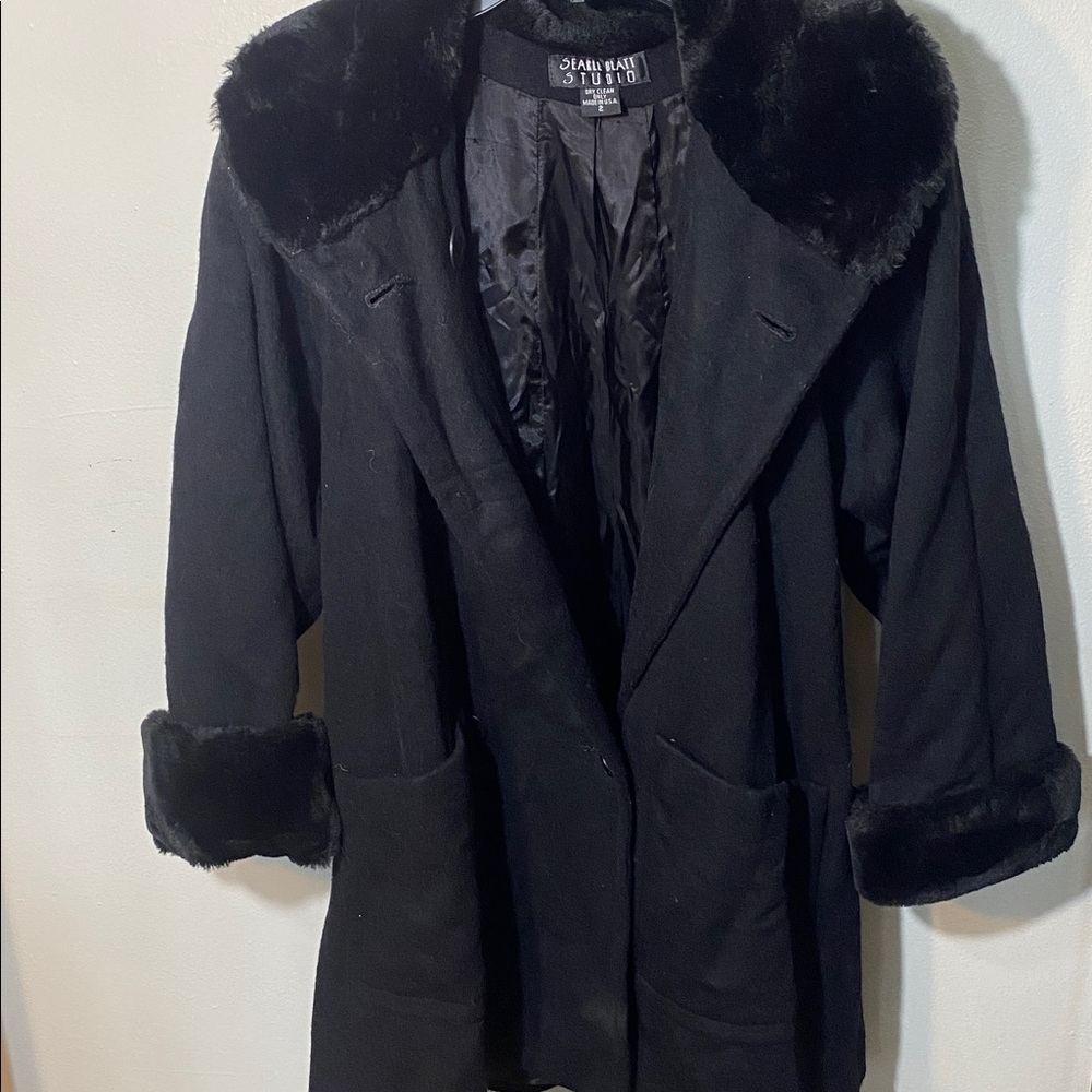 Studio Black Coat with Faux Fur Trim